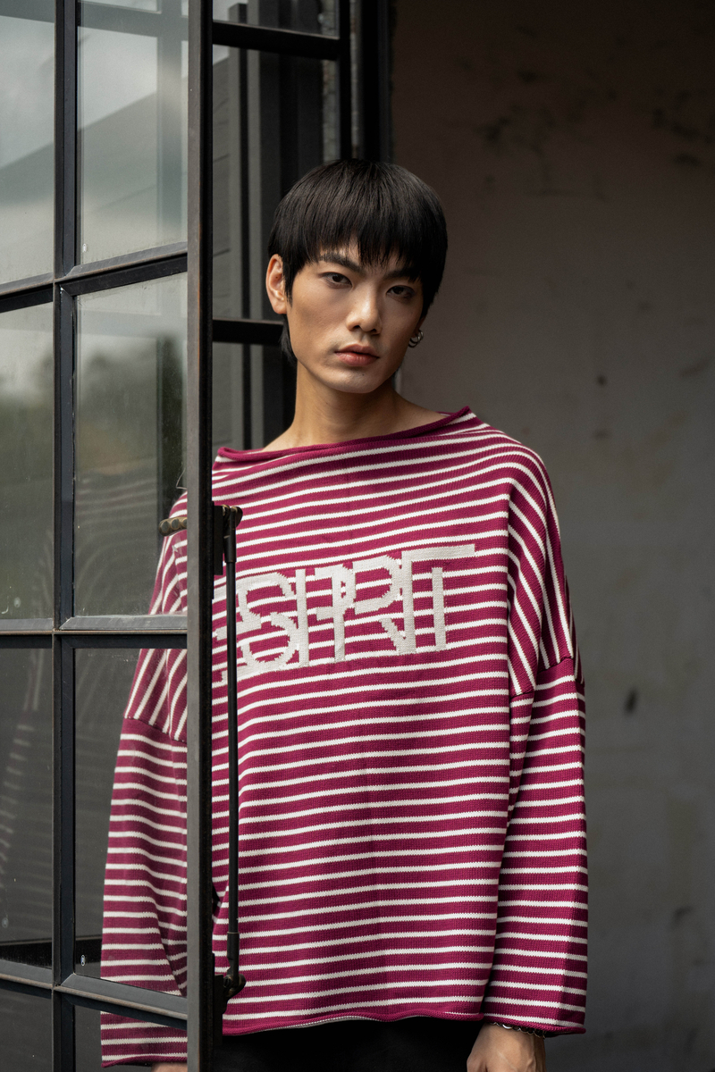 Striped Logo Oversized Boat Neck Sweatshirt