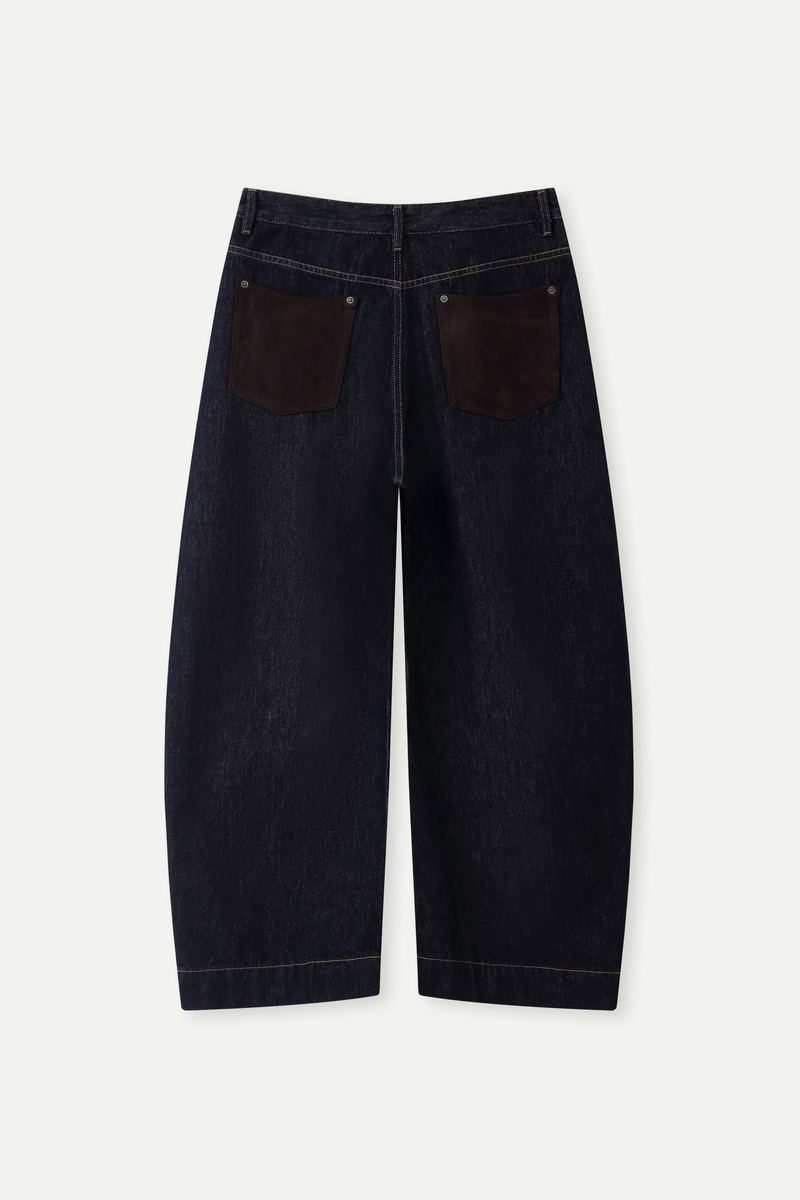 Dark Wash Balloon Leg Jeans with Suede Pocket Detail