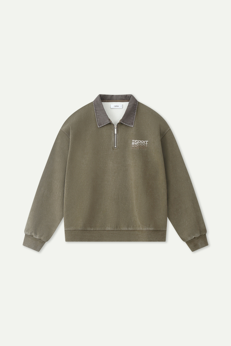 Wash Effect Half Zip Collared Sweatshirt