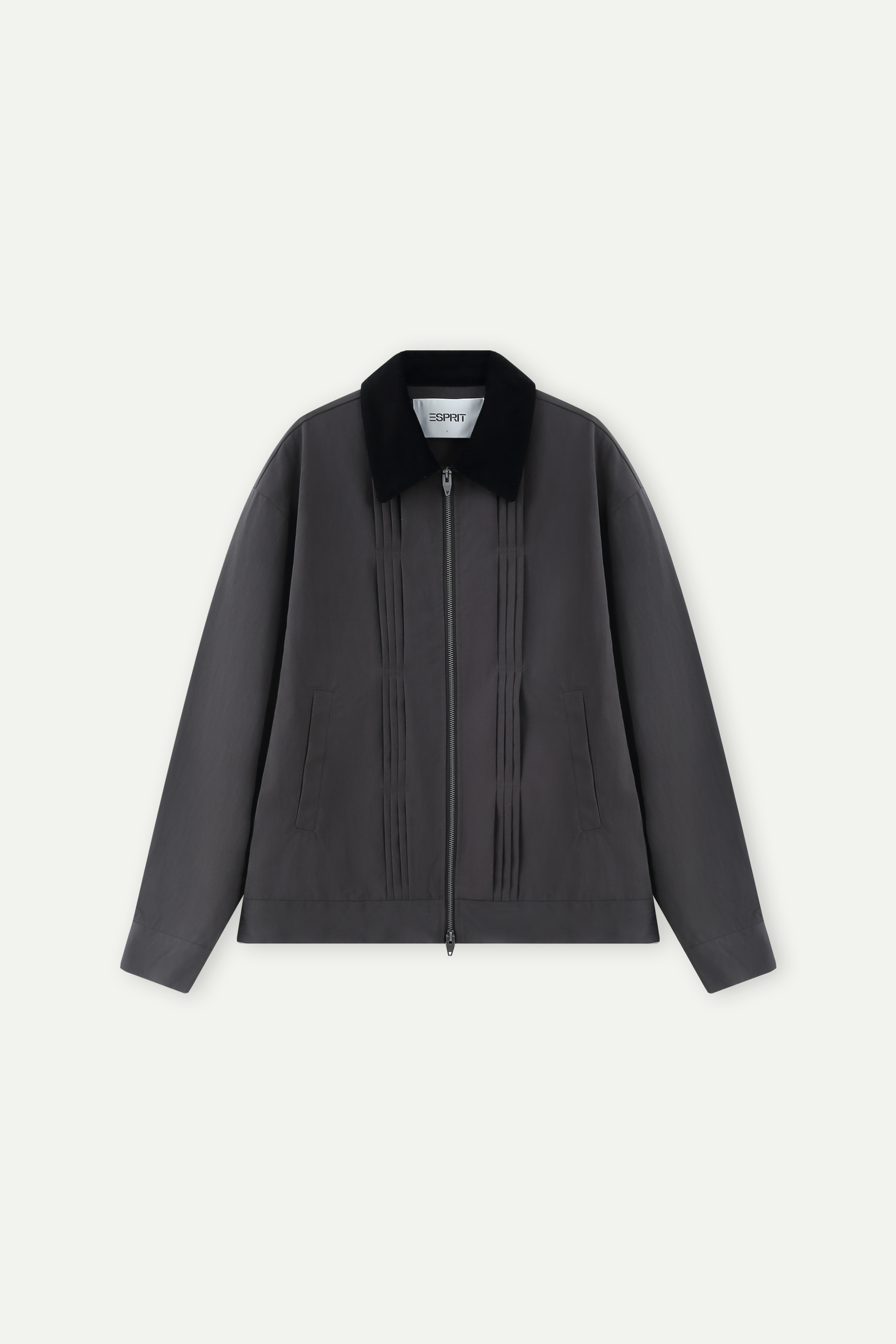 Contrast Collar Pleated Zip-Up Jacket