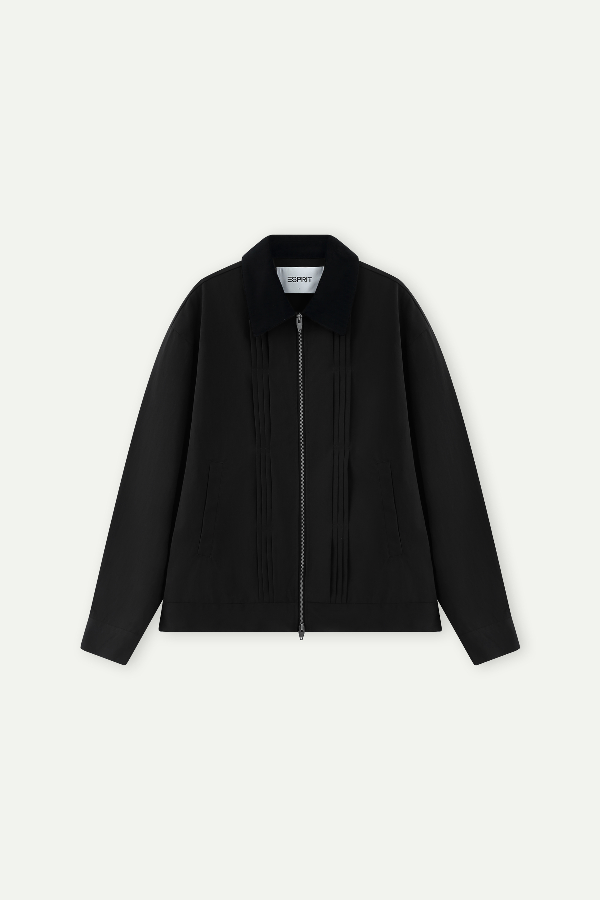 Contrast Collar Pleated Zip-Up Jacket