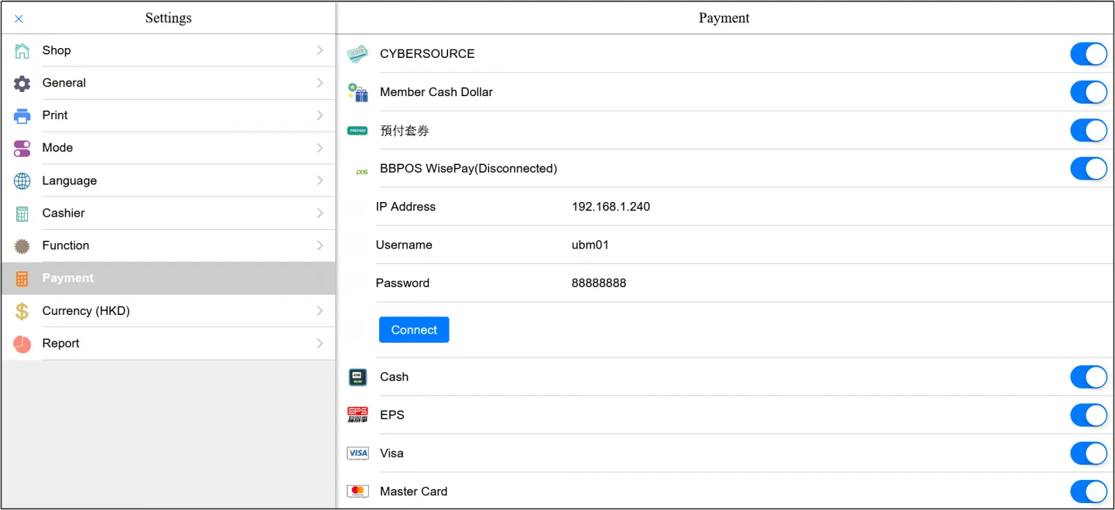 POS sets up payment methods