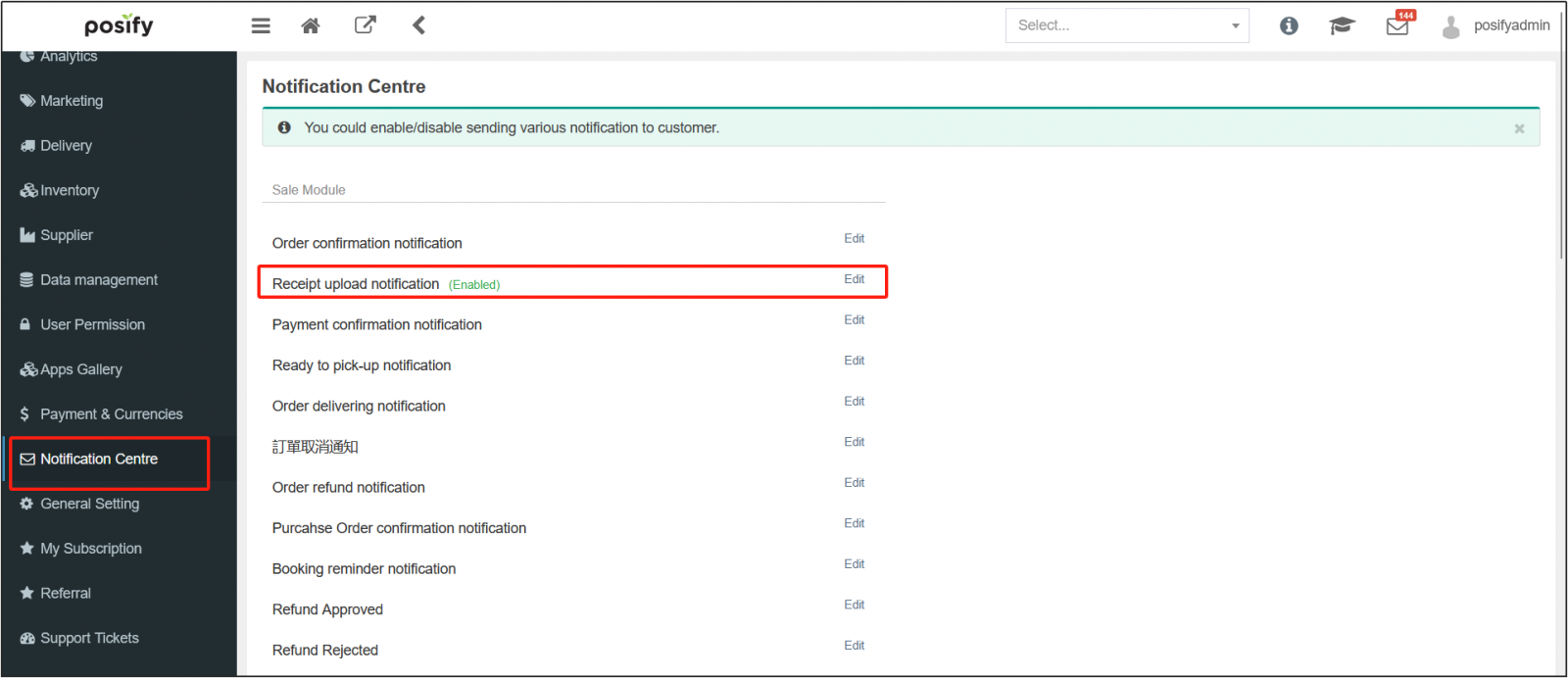 Receipt upload notification (Enabled)