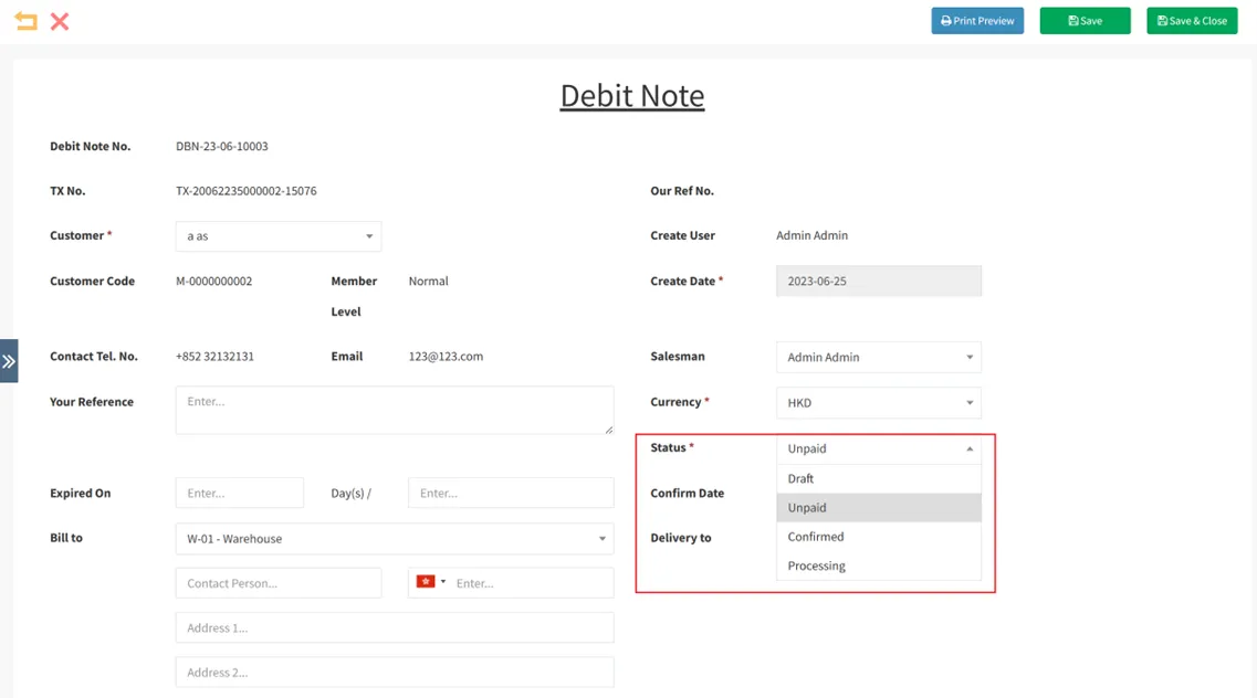 Select the Debit Note status