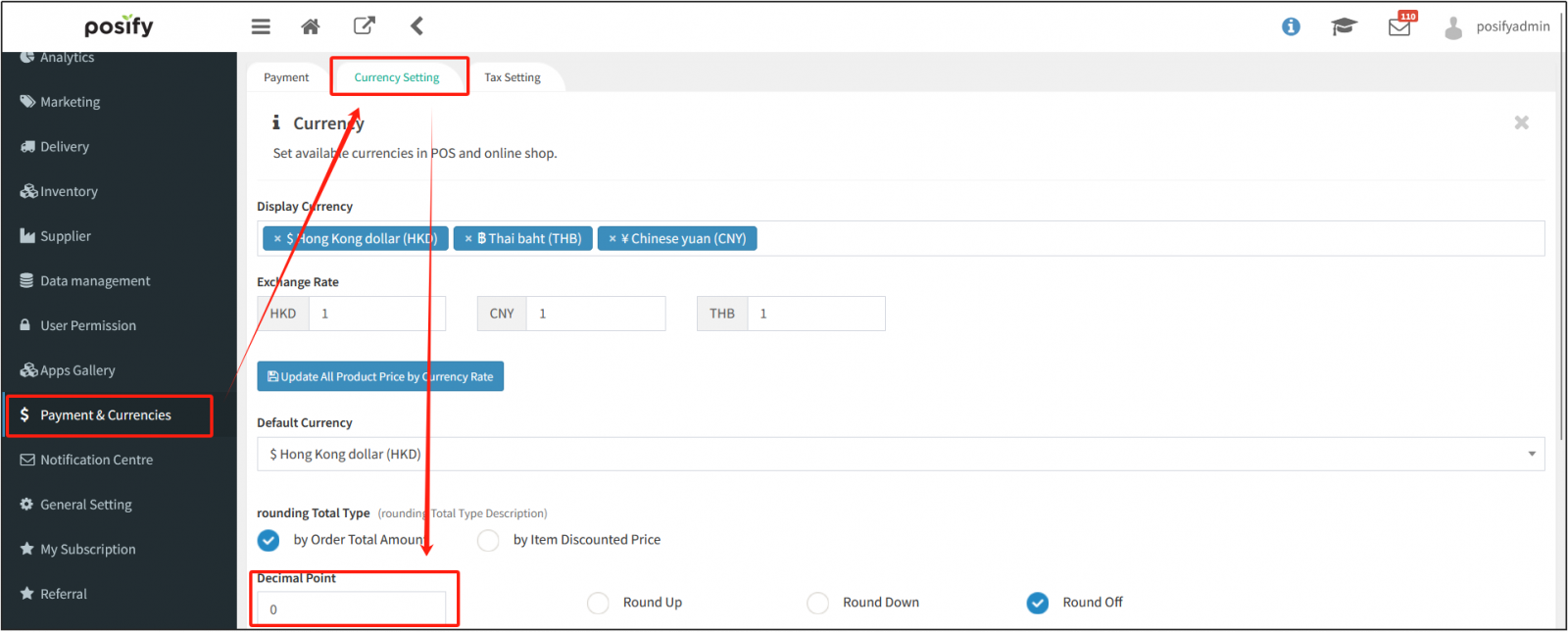 Set the number of decimal places for the currency