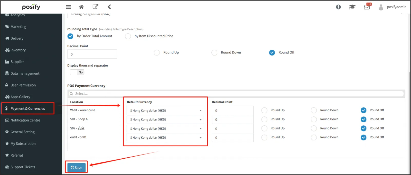 Set the default currency for your POS store