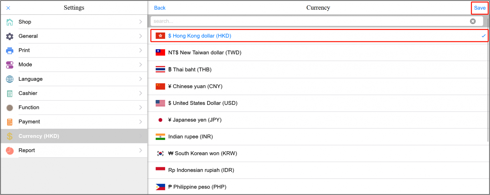 POS selects the currency