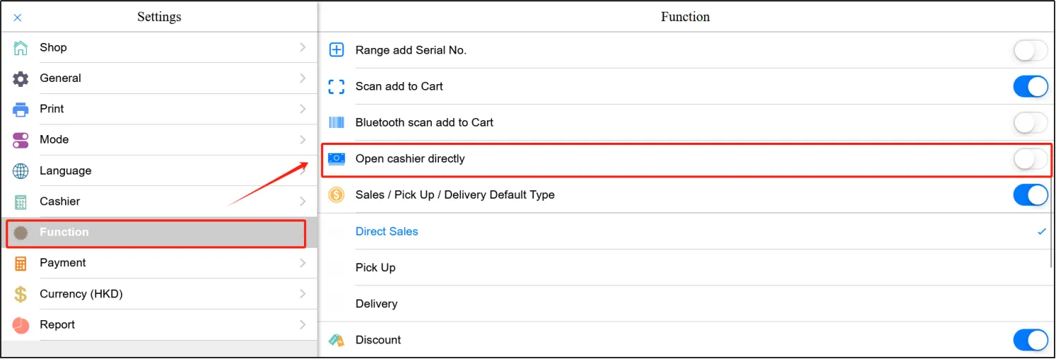 enabled Open cashier directly