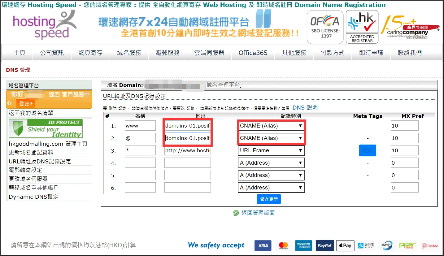 URL forwarding and DNS record settings