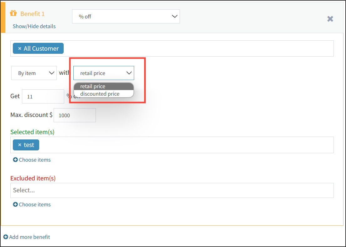 Set up the discount to be calculated based on the retail price/discount