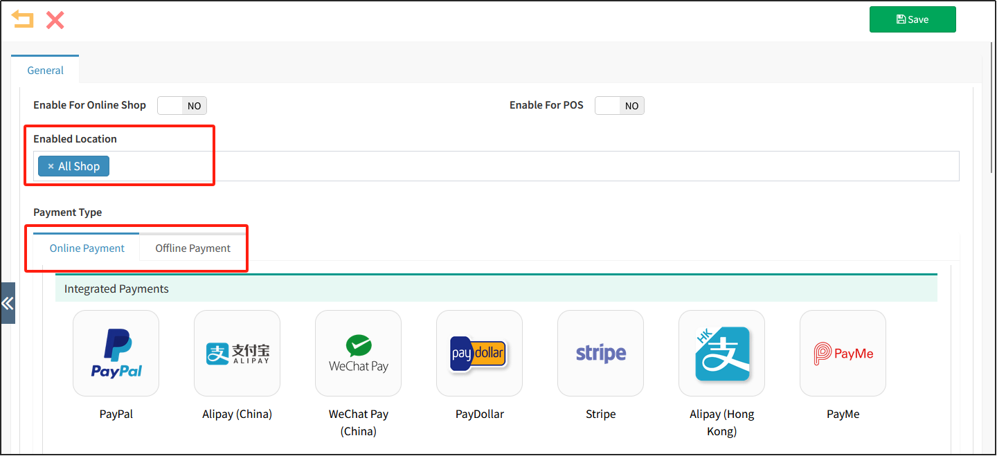 Select the Enabled Location and payment Type