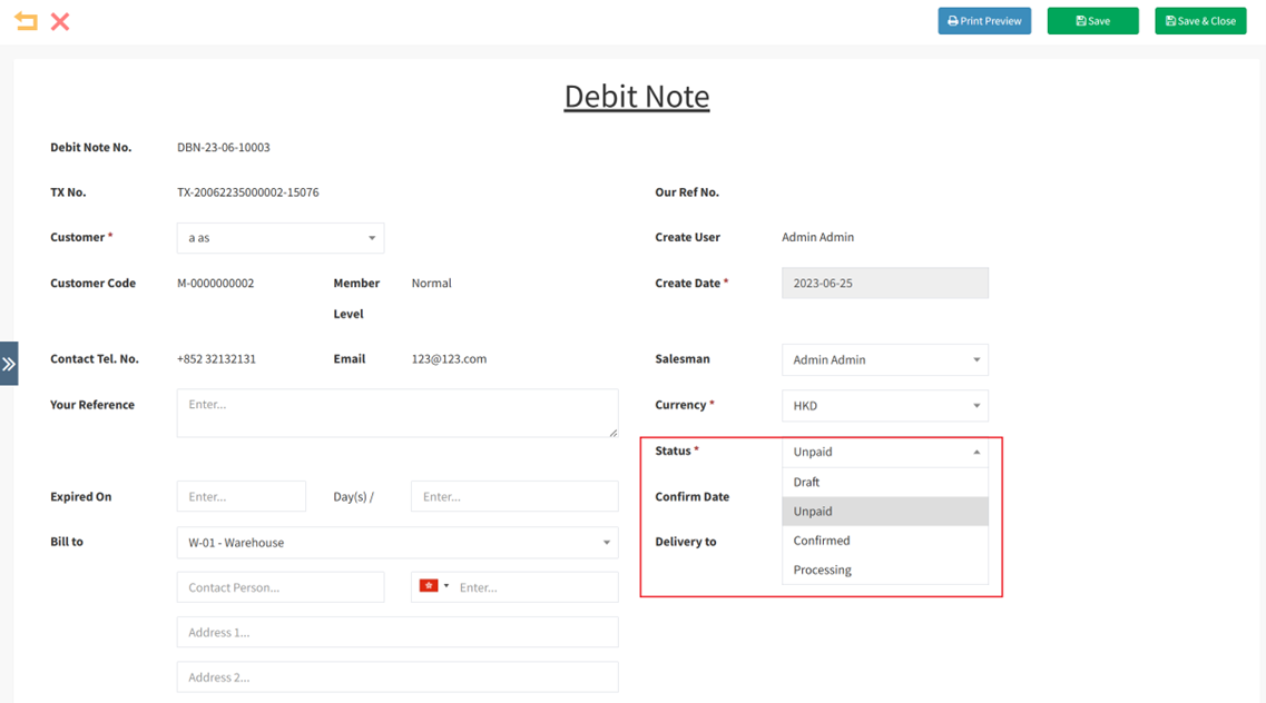 Select the Debit Note status