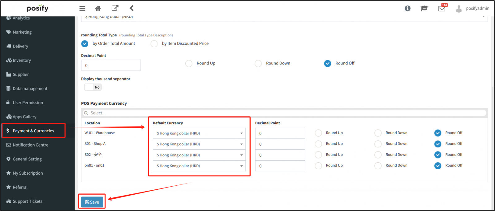 Set the default currency for your POS store