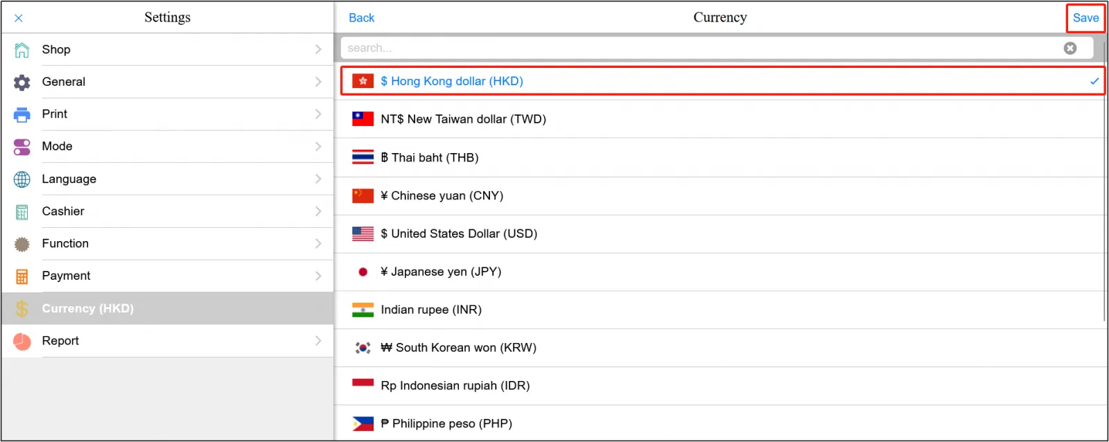 POS selects the currency