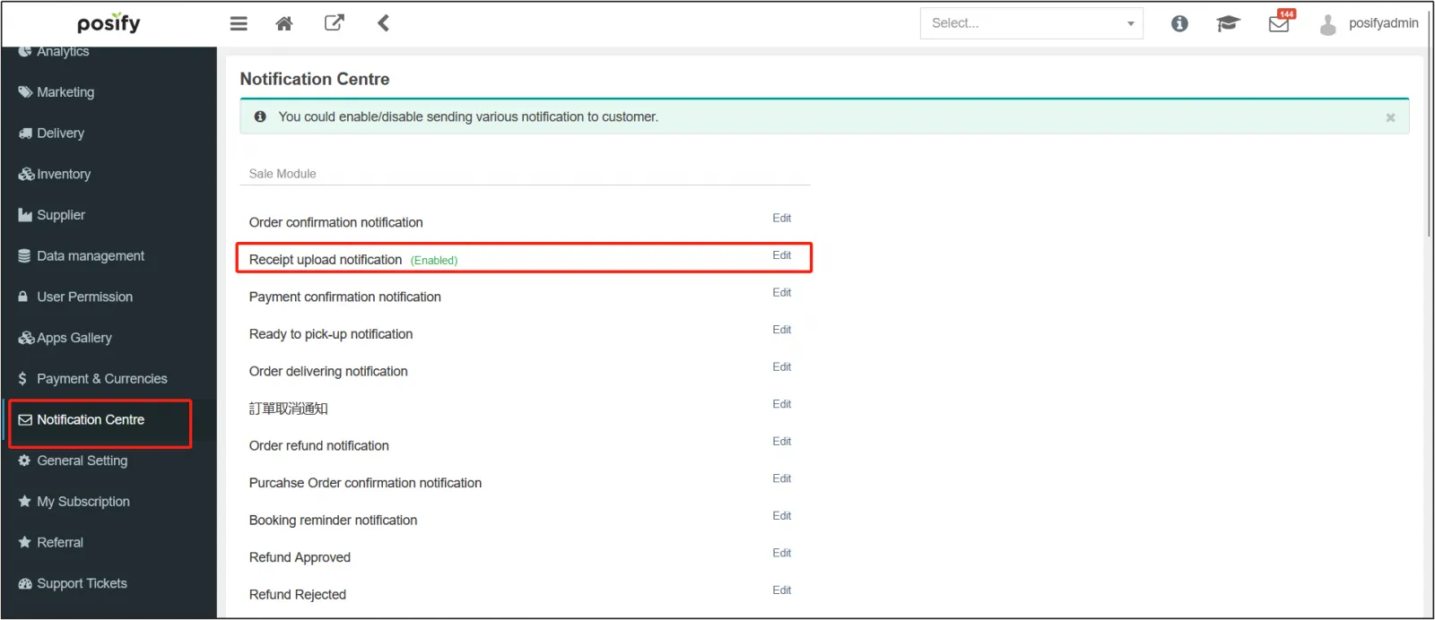 Receipt upload notification (Enabled)