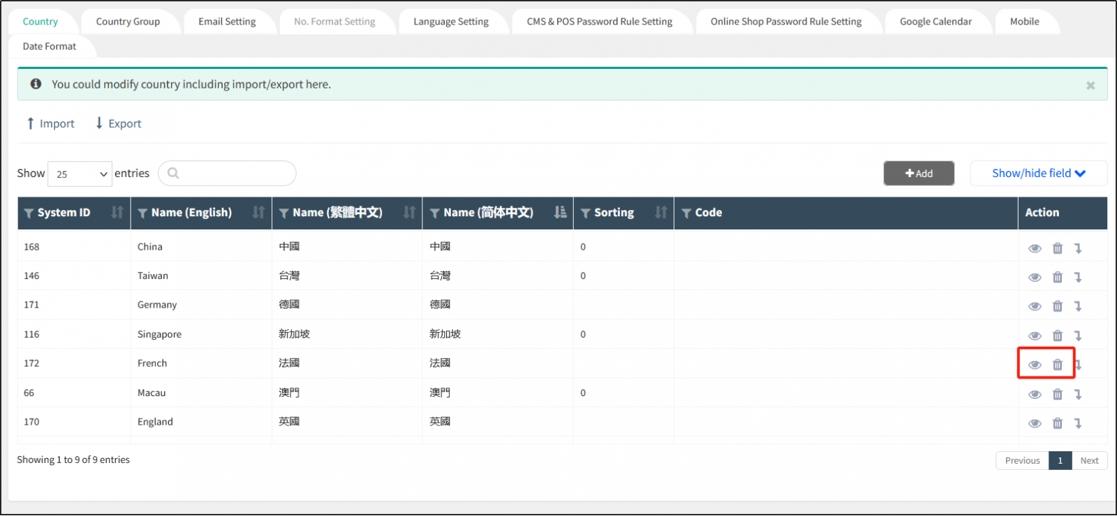 tab: Manage countries/regions