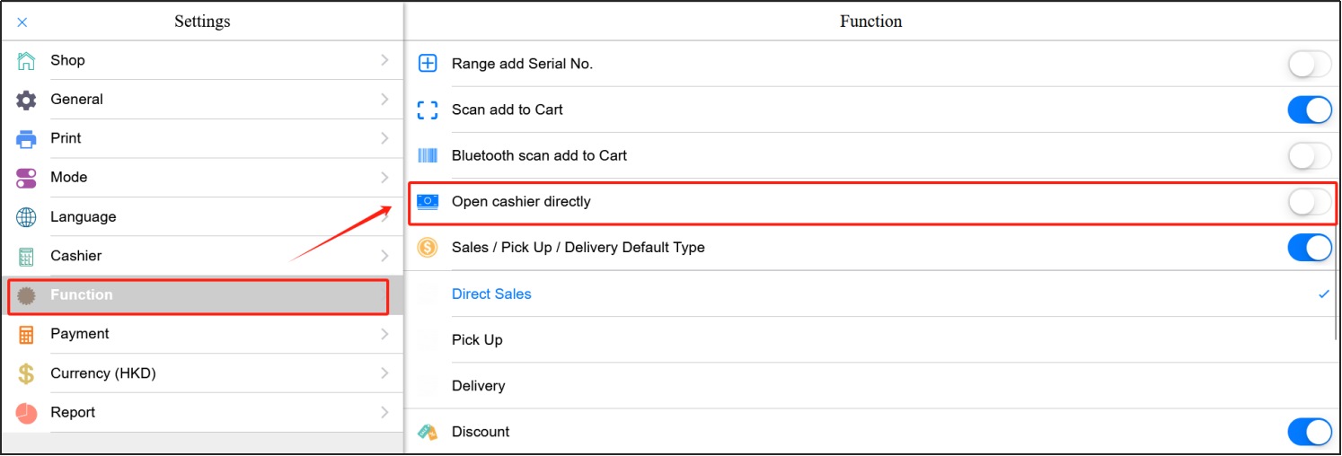 enabled Open cashier directly