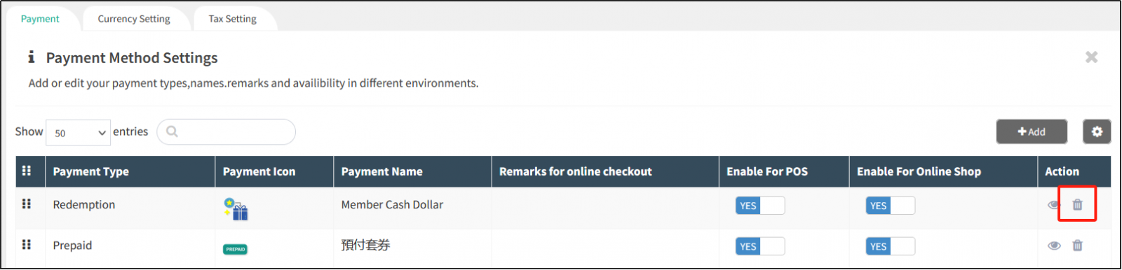 delete the payment method