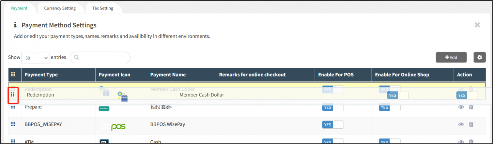 Modify payment method sorting