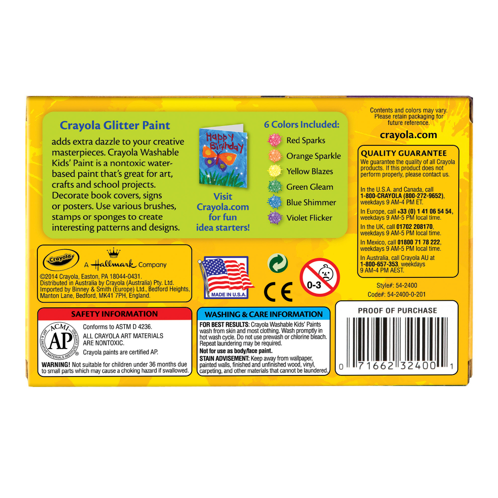 6ct. Washable Glitter Project Paint - 2oz. Bottles