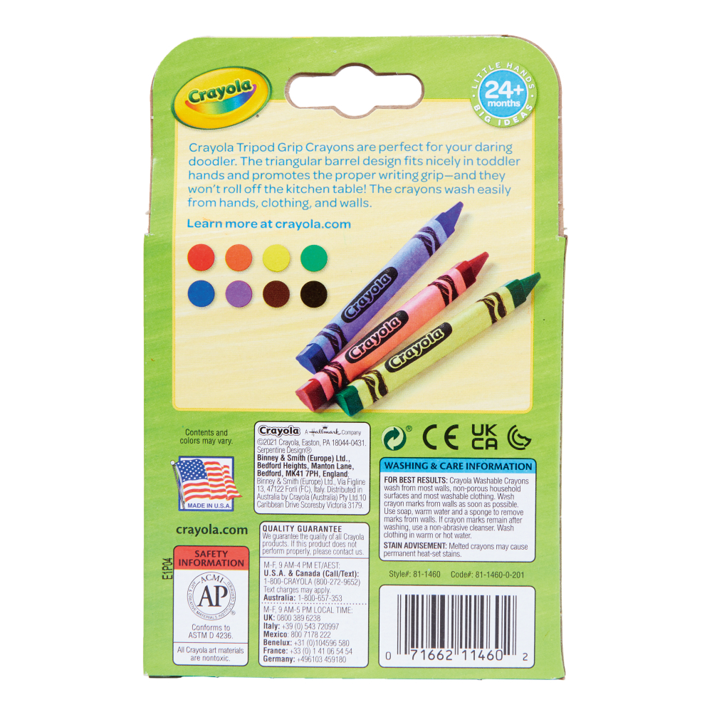Washable Tripod Grip Crayon 8ct