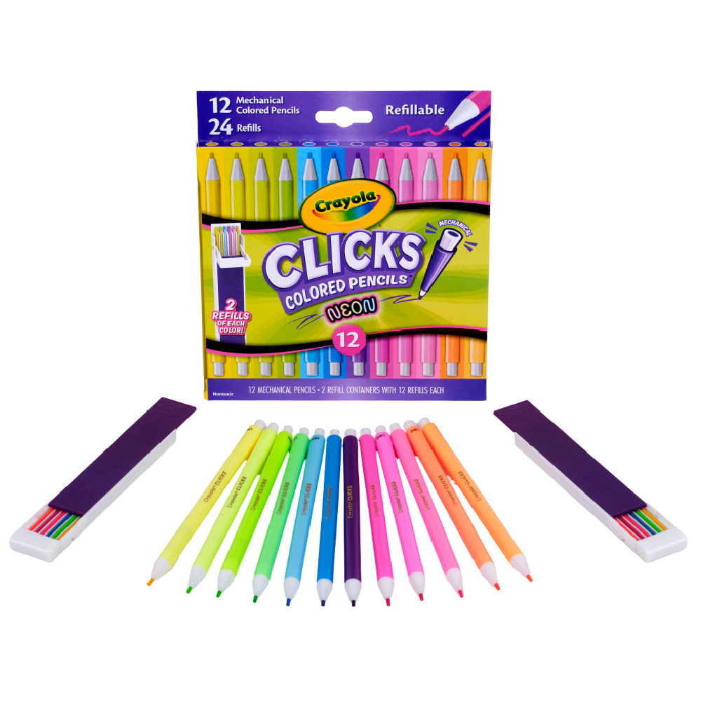 12 Ct & 24 Refills CLICKS Mechanical Colored Pencils, Neon